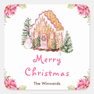 Gingerbread House Pink Merry Christmas Square Sticker