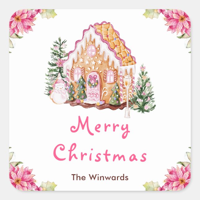 Gingerbread House Pink Merry Christmas Square Sticker (Front)