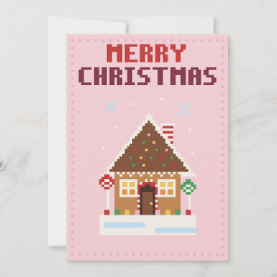Gingerbread House Pink Pixel Art Christmas Card