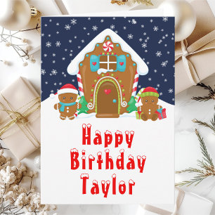 Gingerbread House Red and Navy Happy Birthday Card