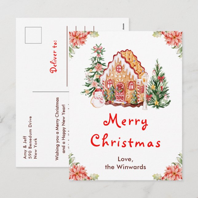 Gingerbread House Red Merry Christmas Holiday Postcard (Front/Back)