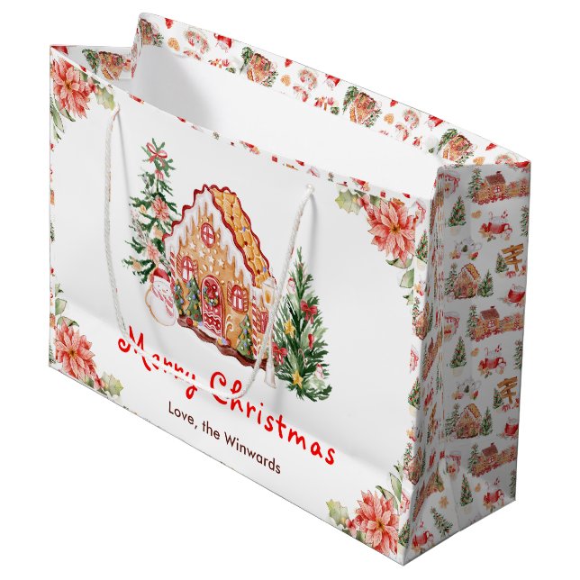 Gingerbread House Red Merry Christmas Large Gift Bag (Front Angled)