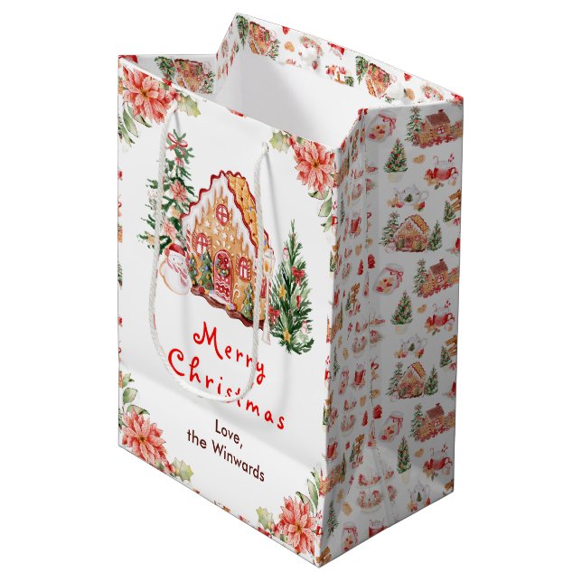 Gingerbread House Red Merry Christmas Medium Gift Bag (Front Angled)