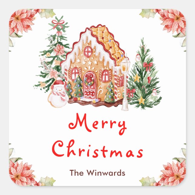 Gingerbread House Red Merry Christmas Square Sticker (Front)