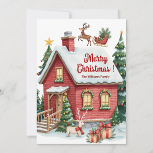 Gingerbread House Reindeer Fir Trees Holiday Card
