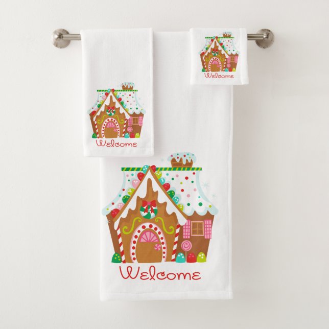 Gingerbread House Welcome Bath Towel Set (Insitu)