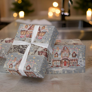 Gingerbread Houses Christmas Snow Steel Grey Wrapping Paper