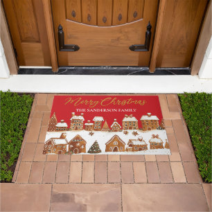 Gingerbread Houses Merry Christmas Greetings Red Doormat