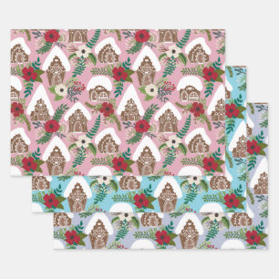 Gingerbread Houses with Christmas Florals Wrapping Paper Sheet