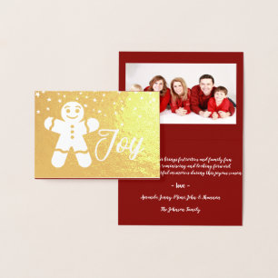 Gingerbread Joy Script Photo Red Gold Stars White Foil Card