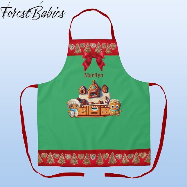 Gingerbread Kitchen Boy & Girl Cookie Graphic Apron (Gingerbread Kitchen, Man, Boy & Woman, Girl Christmas 🎄Customizable ForestBabies Apron)