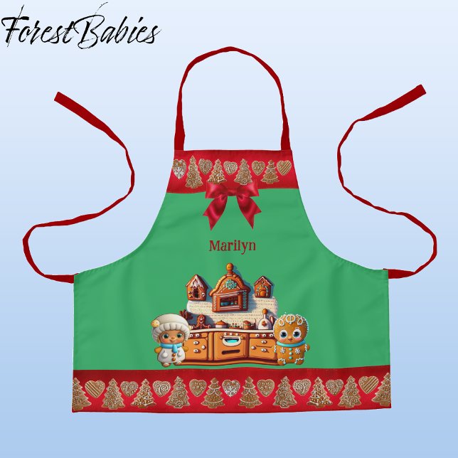 Gingerbread Kitchen Boy & Girl Cookie Graphic Apron (Gingerbread Kitchen, Man, Boy & Woman, Girl Christmas 🎄Customizable ForestBabies Apron)