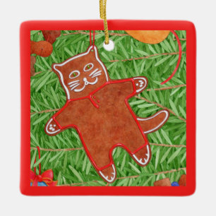 GINGERBREAD KITTY Ceramic Square Ornament