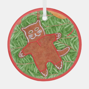 GINGERBREAD KITTY Glass Circle Ornament