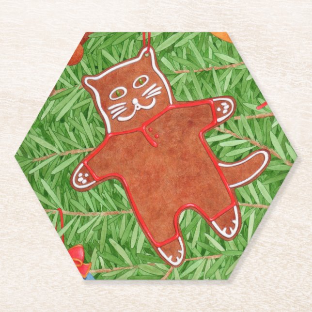 GINGERBREAD KITTY Hexagon Paper Coasters  (Front)