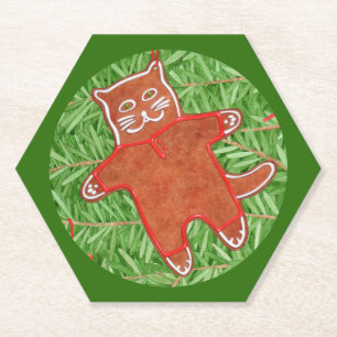 GINGERBREAD KITTY Hexagon Paper Coasters / Green