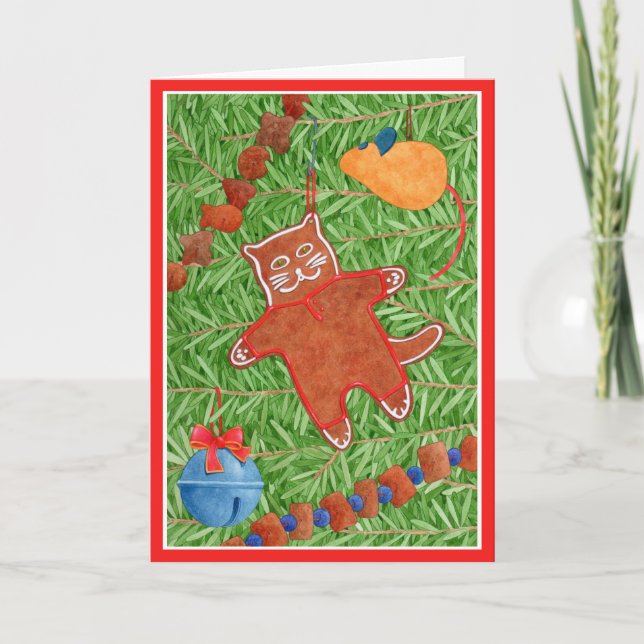 GINGERBREAD KITTY "Meowy Christmas" Card / Red (Front)