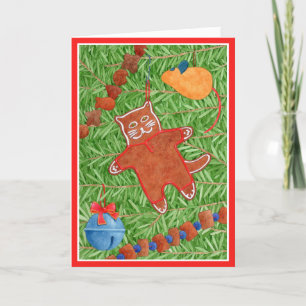 GINGERBREAD KITTY "Meowy Christmas" Card / Red