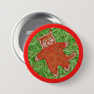 GINGERBREAD KITTY Round Pin Button / Red