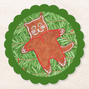 GINGERBREAD KITTY Scalloped Round Coasters / Green