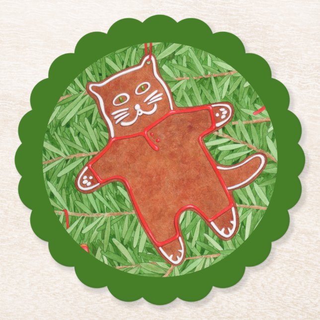GINGERBREAD KITTY Scalloped Round Coasters / Green (Front)
