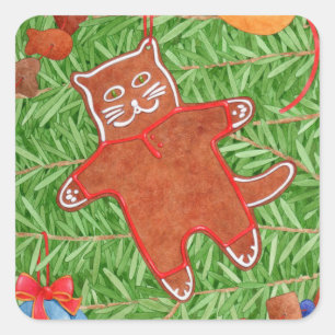GINGERBREAD KITTY Small Square Stickers