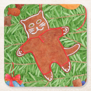 GINGERBREAD KITTY Square Paper Coasters