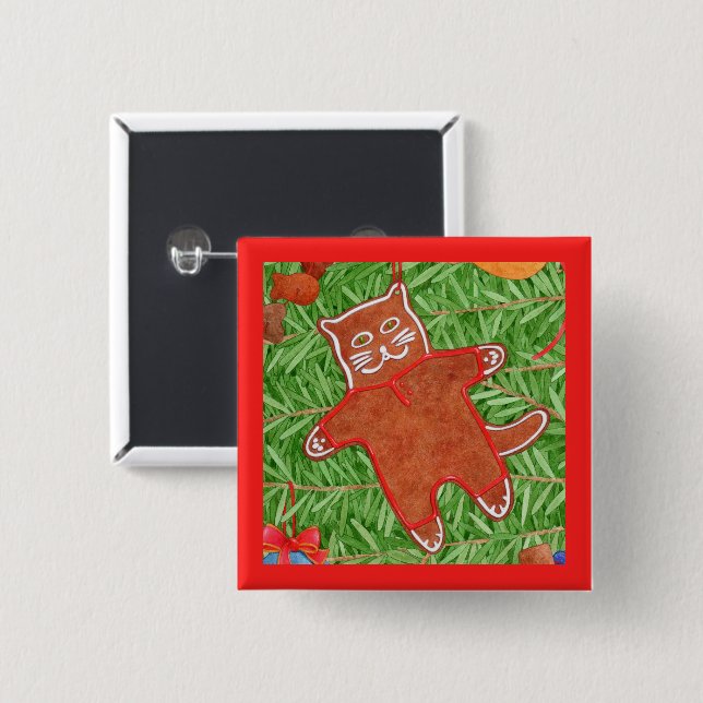 GINGERBREAD KITTY Square Pin Button / Red (Front & Back)