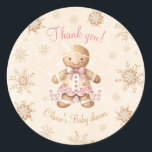 Gingerbread Little Sweetie Christmas Baby Shower Classic Round Sticker<br><div class="desc">Christmas baby shower stickers with an adorable gingerbread man girl in pink and beige,  gingerbread cookies and faux golden snowflakes. Easily personalise the text - Kate Eden Art</div>