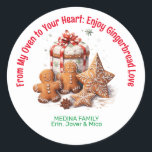 Gingerbread Love Christmas Classic Round Sticker<br><div class="desc">Elevate your holiday gifting with our heartfelt "From My Oven to Your Heart: Enjoy Gingerbread Love" sticker label. This charming label conveys the warmth of homemade goodness, making your gingerbread treats even more special. Whether adorning jars, bags, or boxes, this label adds a personal touch, sharing the joy of your...</div>