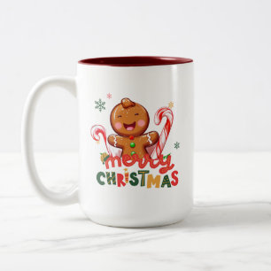 Gingerbread Man and Candy Cane Christmas Two-Tone Coffee Mug