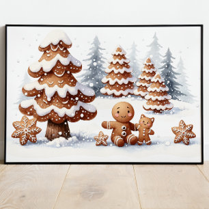 Gingerbread Man and Cat in the Snow Poster