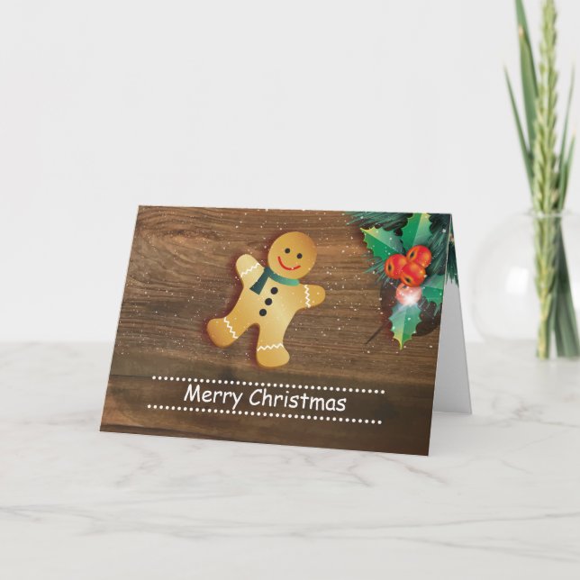 Gingerbread man and holly on wood Christmas Holiday Card (Front)