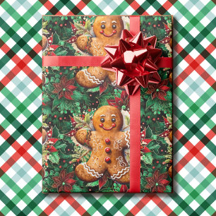 Gingerbread Man and Poinsettias Christmas Classics Wrapping Paper