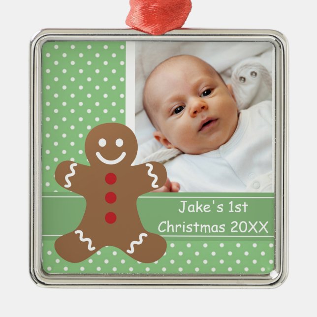Gingerbread Man and Polka Dots Custom Photo Metal Tree Decoration (Front)