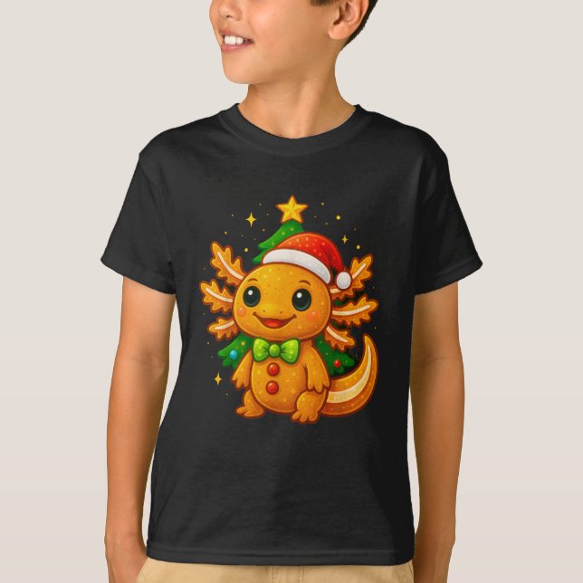 Gingerbread Man Axolotl Santa Hat Christmas Tree  T-Shirt (Front)