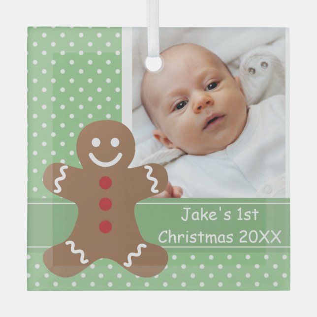 Gingerbread Man Baby's First Christmas Photo Glass Tree Decoration (Front)
