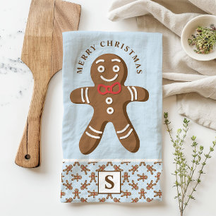 Gingerbread Man Blue Monogram Merry Christmas Tea Towel