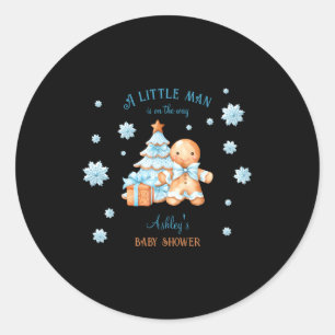 Gingerbread Man Boy Blue Christmas Baby Shower Classic Round Sticker