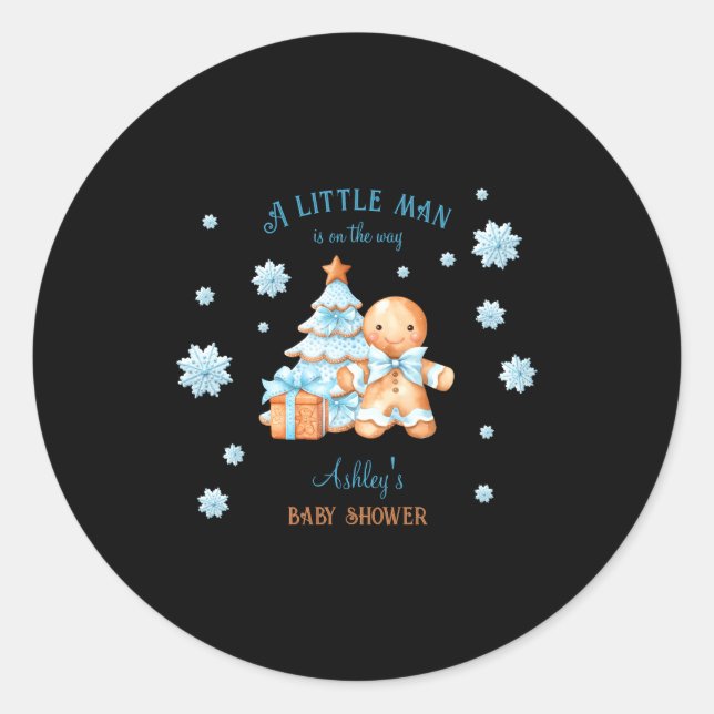 Gingerbread Man Boy Blue Christmas Baby Shower  Classic Round Sticker (Front)