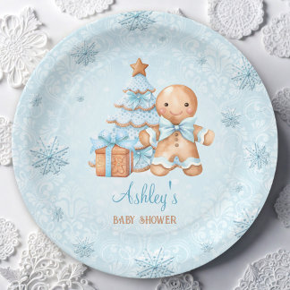 Gingerbread Man Boy Blue Christmas Baby Shower Paper Plate