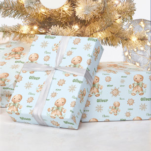 Gingerbread Man Boy Name Blue Green Christmas Wrapping Paper