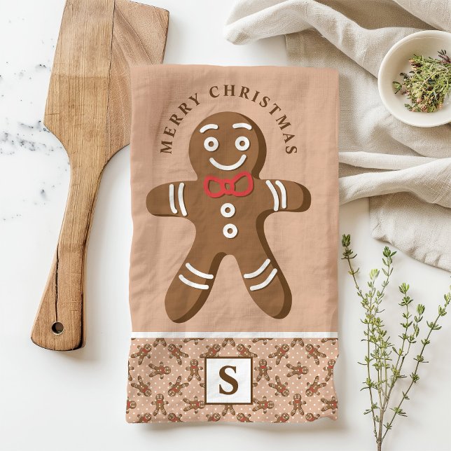Gingerbread Man Brown Monogram Merry Christmas Tea Towel (Creator Uploaded)