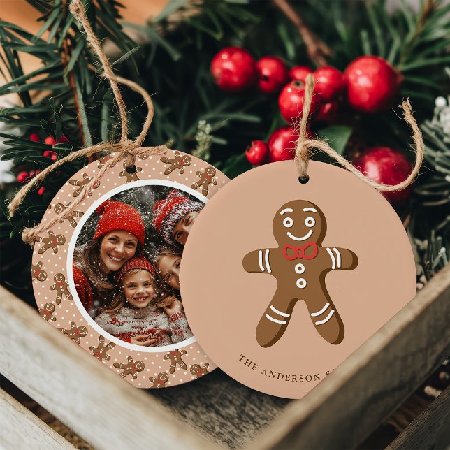Gingerbread Man Brown Polka Dot Christmas Photo Ceramic Tree Decoration (Creator Uploaded)
