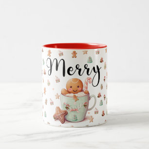 Gingerbread Man & Candy Cane Christmas Gift Two-Tone Coffee Mug