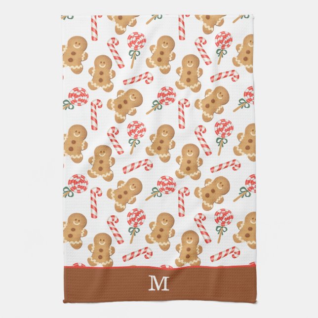 Gingerbread Man Candy Cane Monogram Christmas Tea Towel (Vertical)