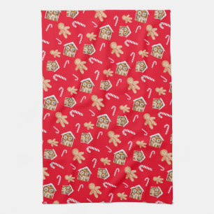 Gingerbread man candycane holiday sweets red tea towel