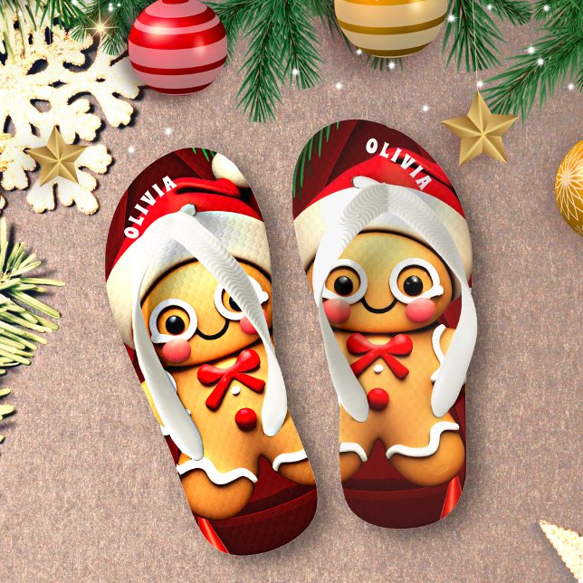 Gingerbread Man Christmas Personalised Kid's Flip Flops (Creator Uploaded)