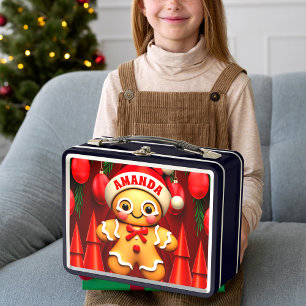 Gingerbread Man Christmas Personalised Kids Metal Lunch Box
