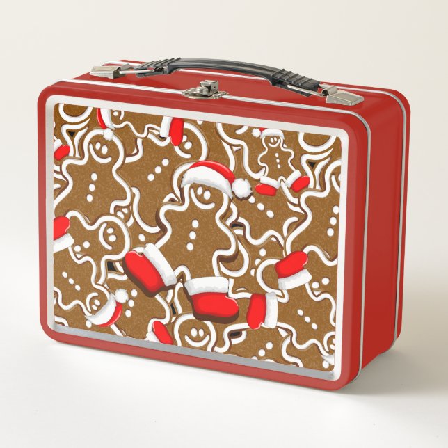 Gingerbread Man Christmas Santa Claus Metal Lunch Box (Front)